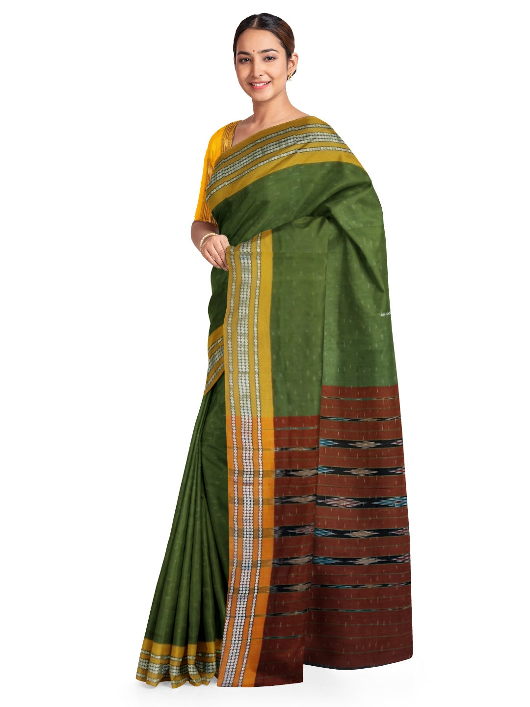Olive Green Cotton Odisha Ikat saree with mix match blouse piece