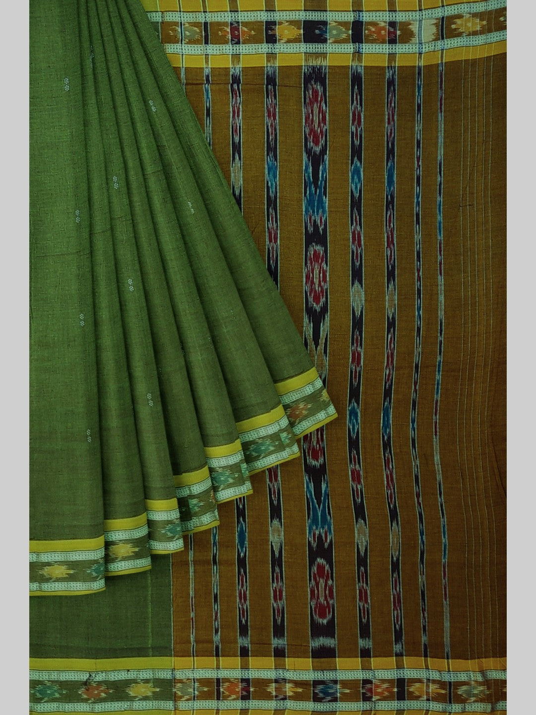 Olive Green Cotton Odisha Ikat saree with mix match blouse piece