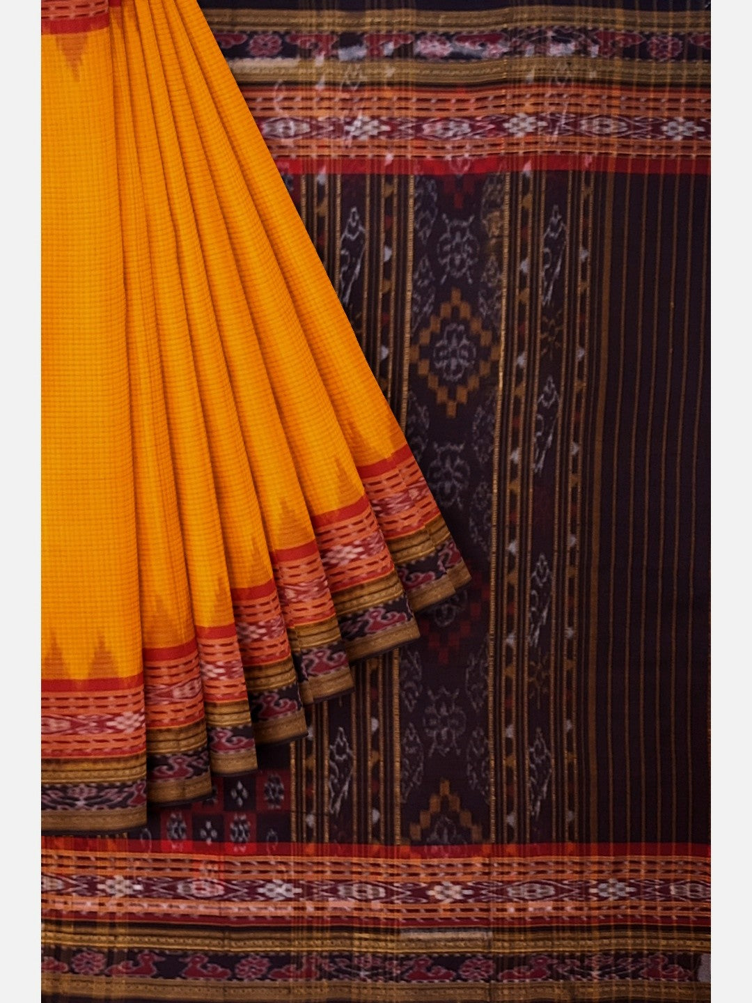 Yellow double order Sachipar Nuapatna Cotton Ikat saree with cotton ikat blouse piece