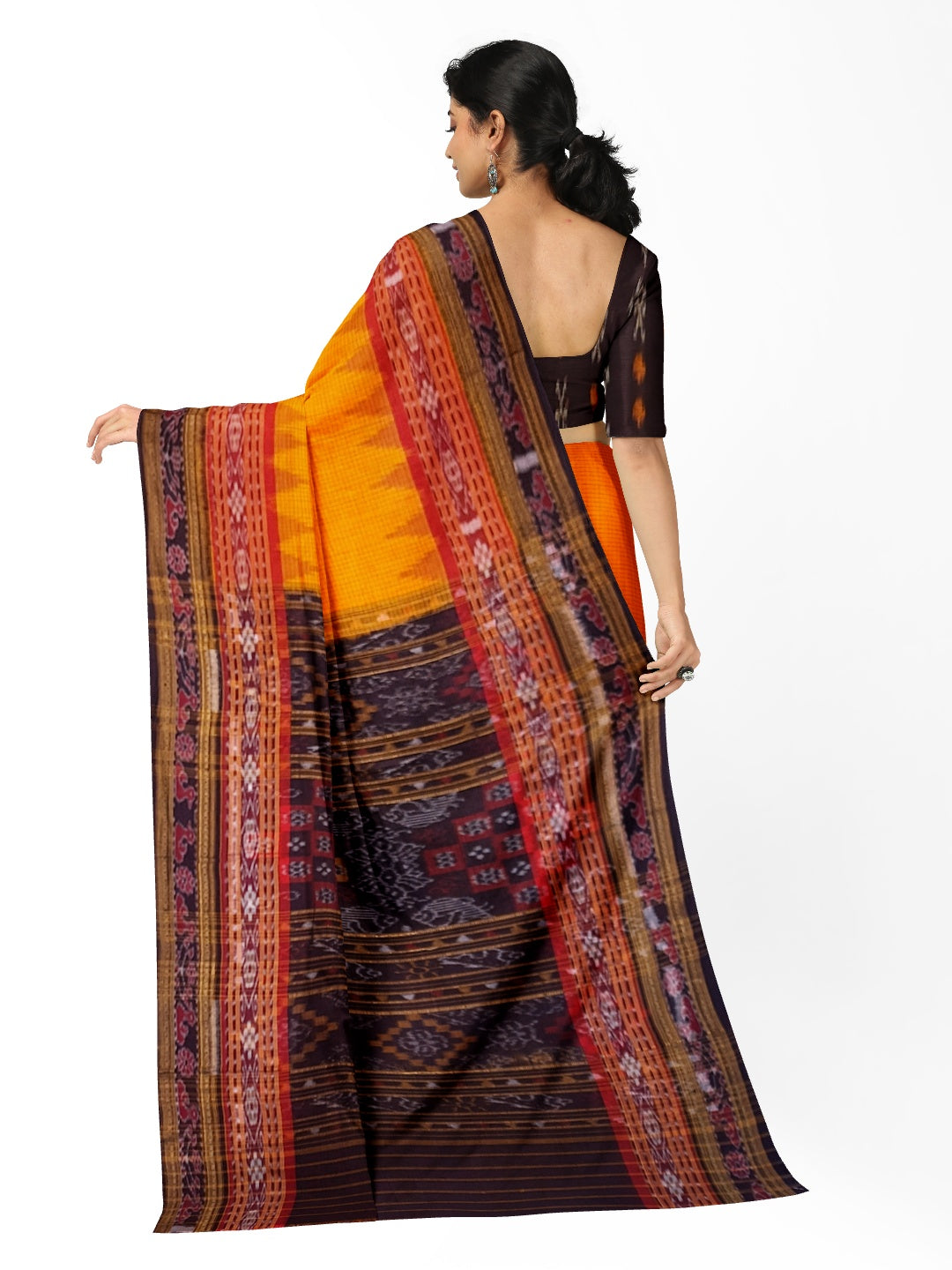 Yellow double order Sachipar Nuapatna Cotton Ikat saree with cotton ikat blouse piece