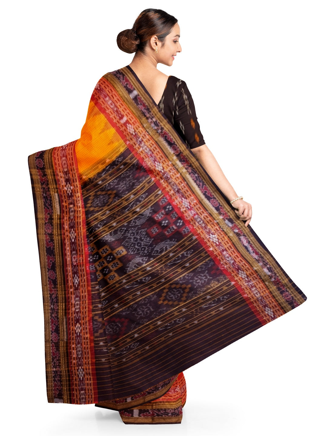 Yellow double order Sachipar Nuapatna Cotton Ikat saree with cotton ikat blouse piece