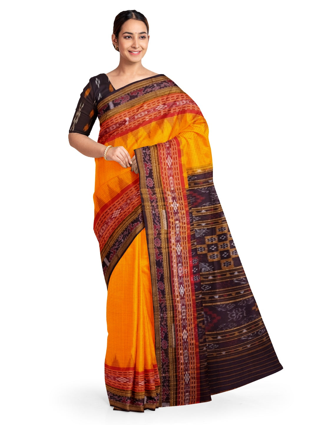 Yellow double order Sachipar Nuapatna Cotton Ikat saree with cotton ikat blouse piece