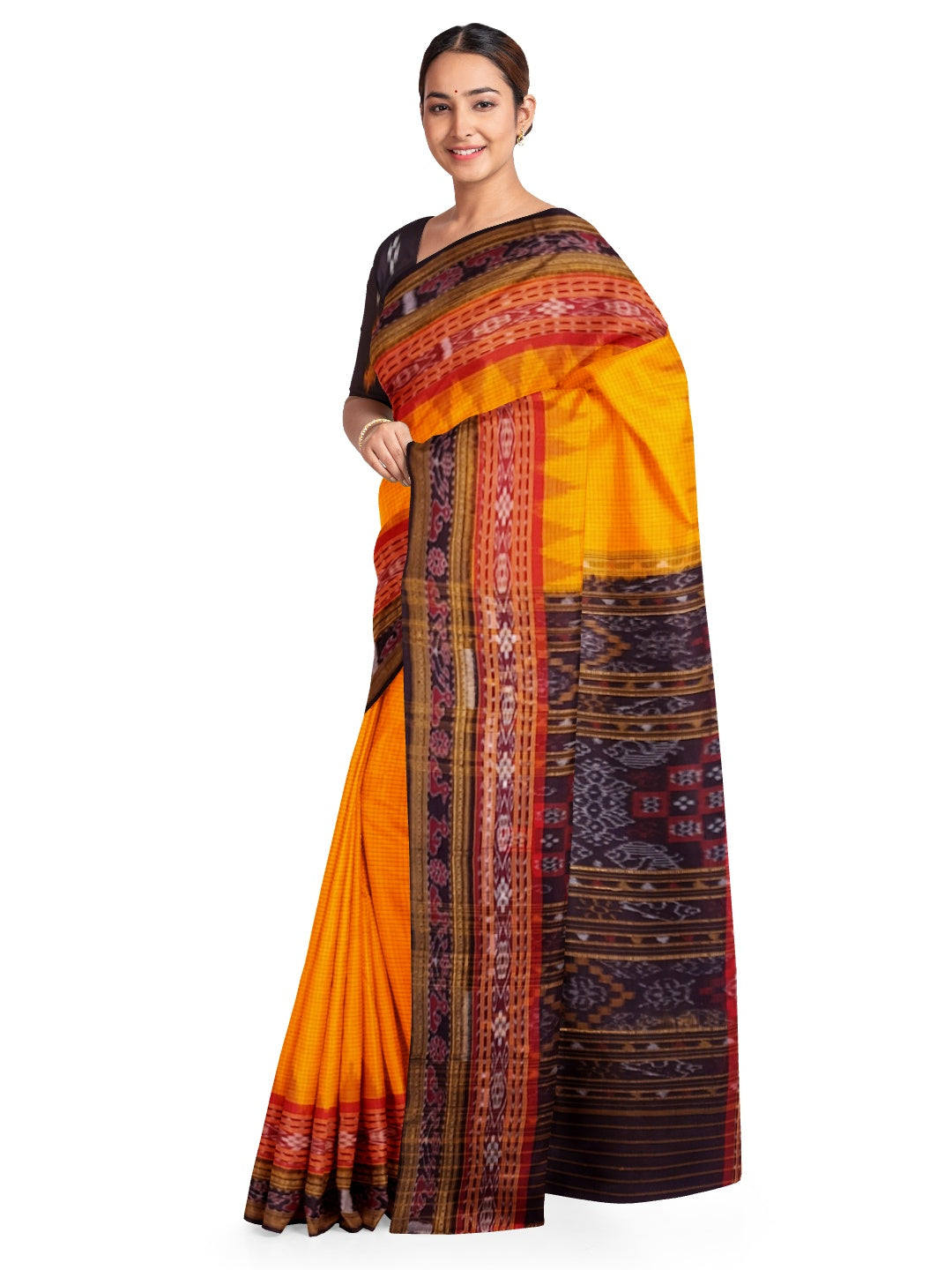 Yellow double order Sachipar Nuapatna Cotton Ikat saree with cotton ikat blouse piece