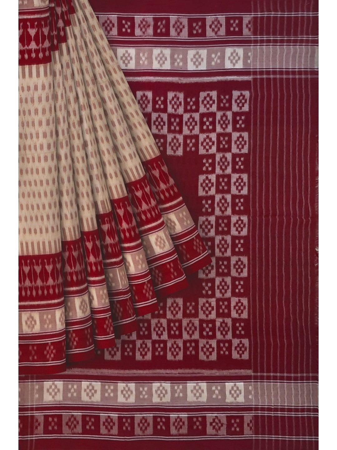 Beige wide border Cotton Odisha Ikat saree with matching cotton ikat blouse piece
