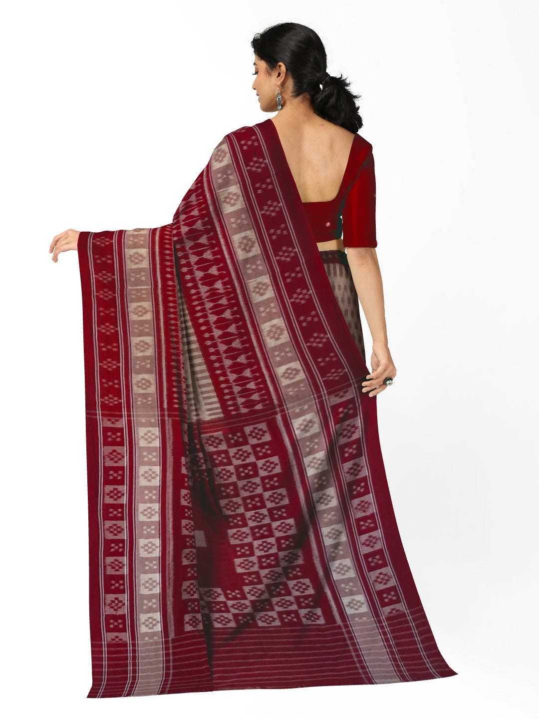Beige wide border Cotton Odisha Ikat saree with matching cotton ikat blouse piece