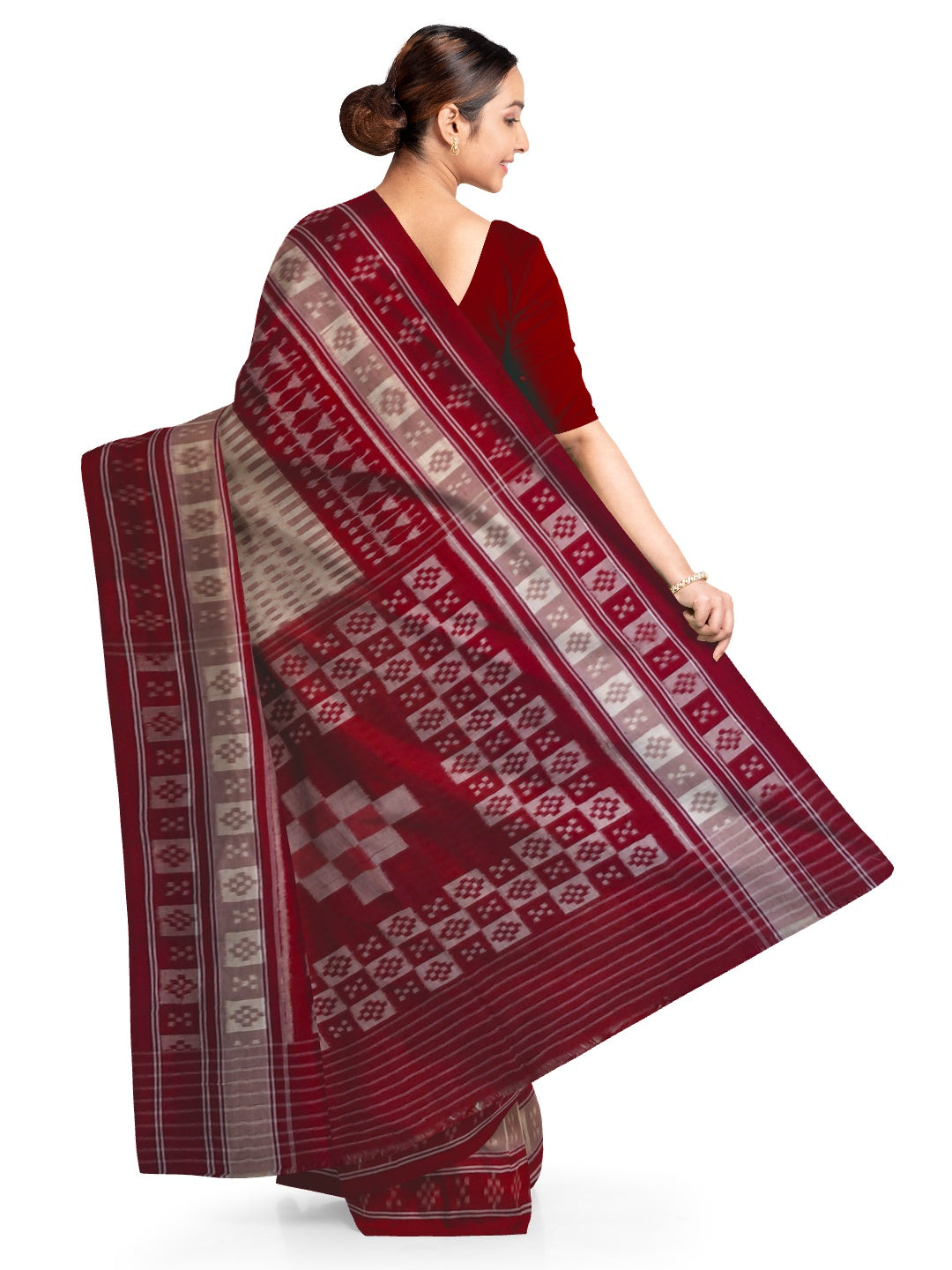 Beige wide border Cotton Odisha Ikat saree with matching cotton ikat blouse piece