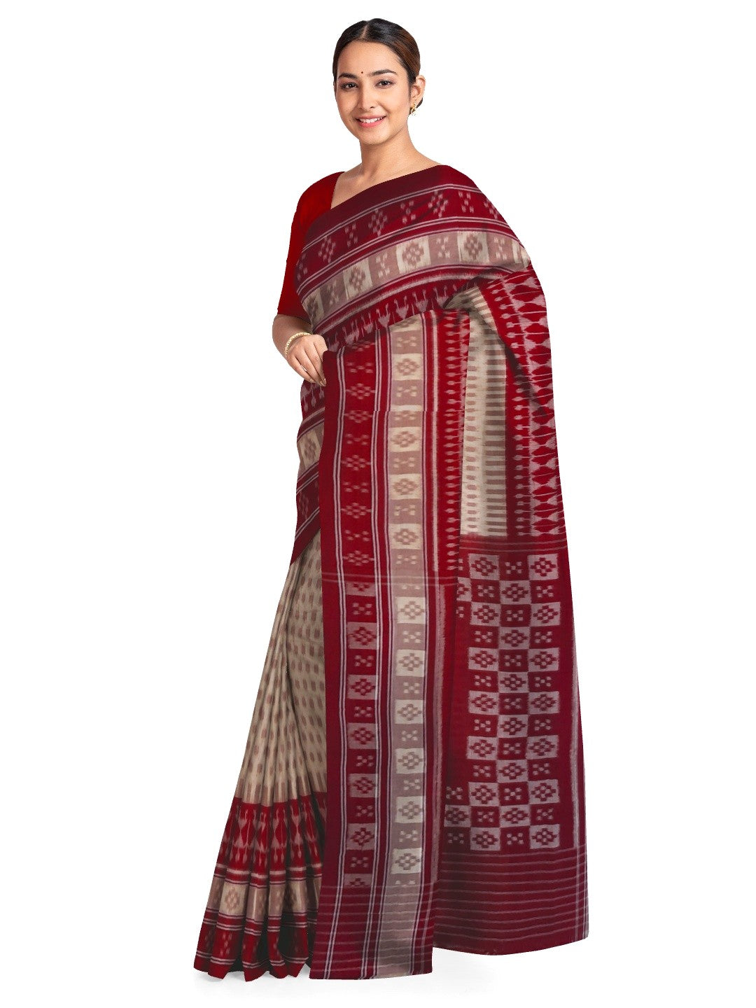 Beige wide border Cotton Odisha Ikat saree with matching cotton ikat blouse piece