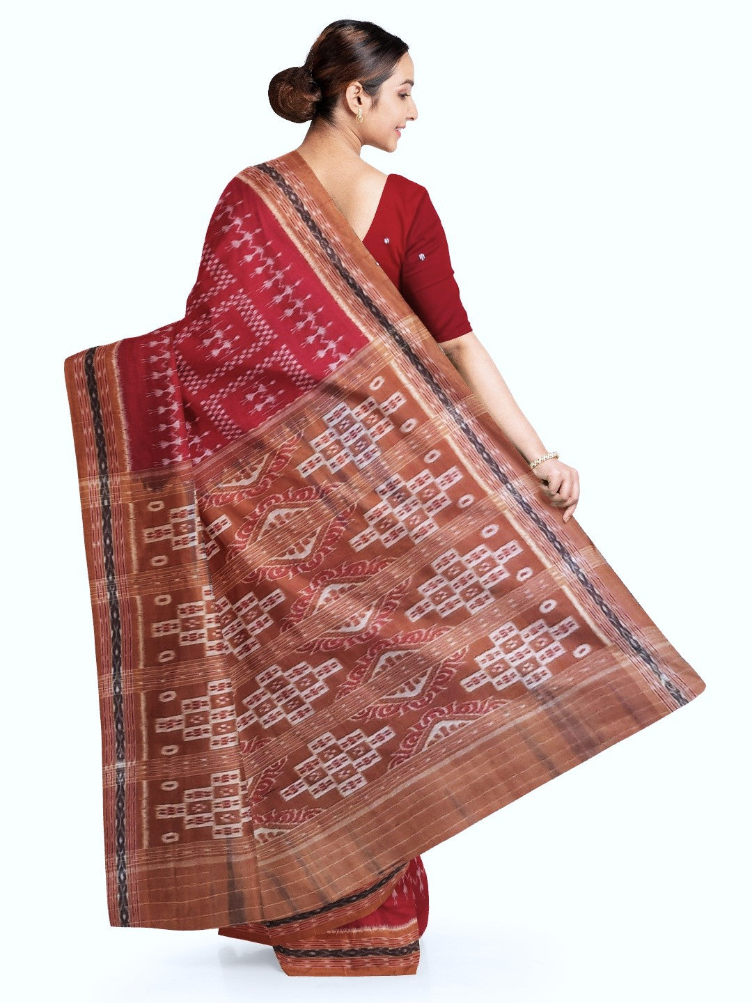 Maroon with Rust Cotton Odisha Ikat saree with cotton ikat blouse piece
