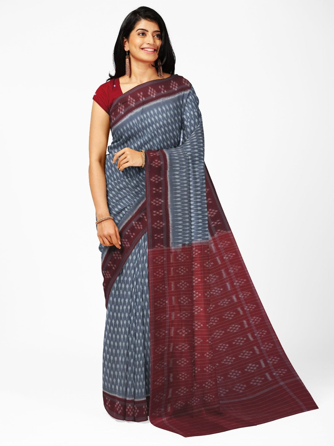 Grey cotton Odisha Ikat Saree with mix match cotton Ikat blouse piece