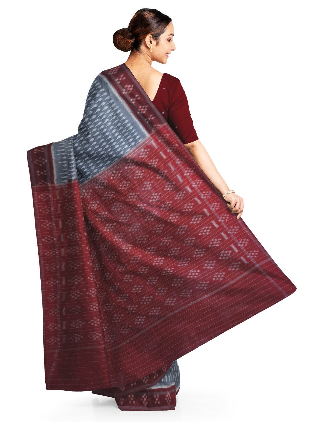 Grey cotton Odisha Ikat Saree with mix match cotton Ikat blouse piece