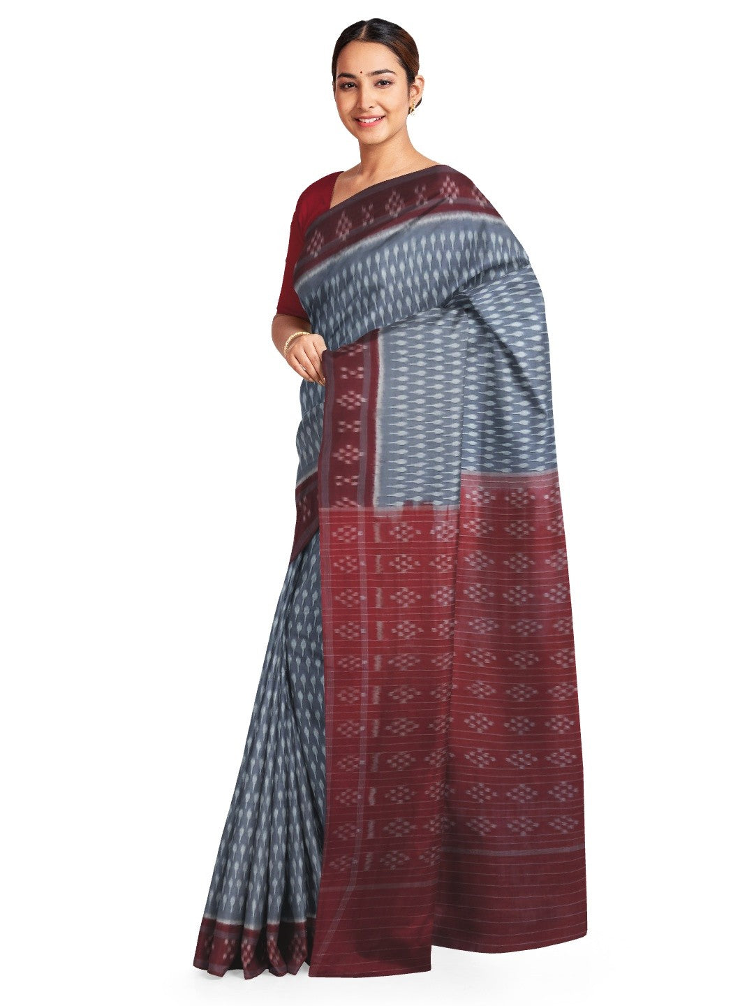 Grey cotton Odisha Ikat Saree with mix match cotton Ikat blouse piece