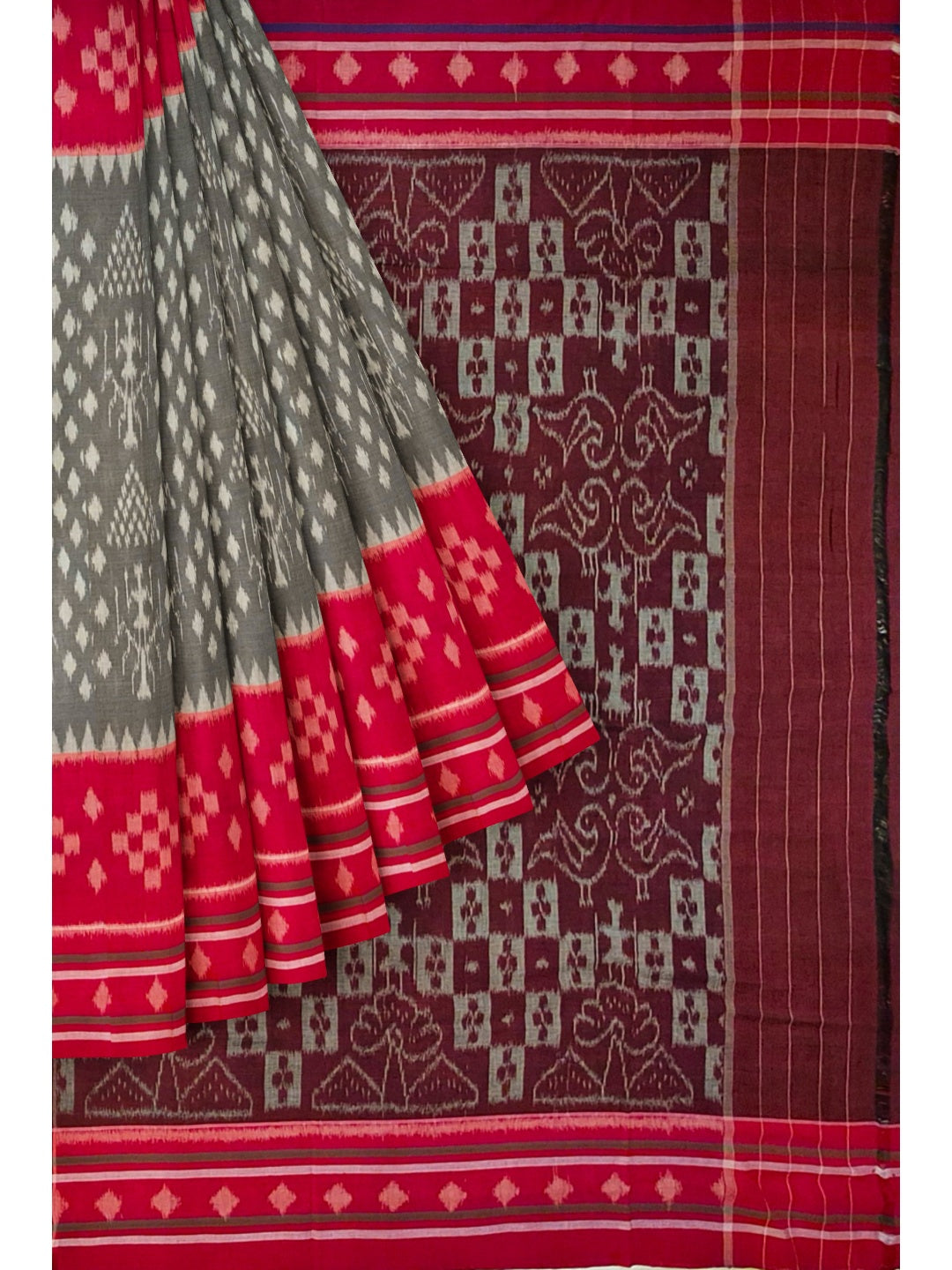 Grey with Red cotton Odisha Ikat Saree with matching cotton Ikat blouse piece