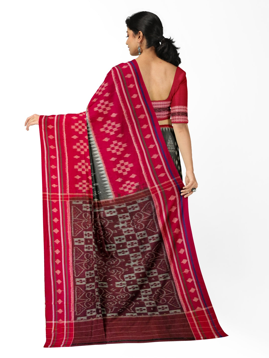 Grey with Red cotton Odisha Ikat Saree with matching cotton Ikat blouse piece