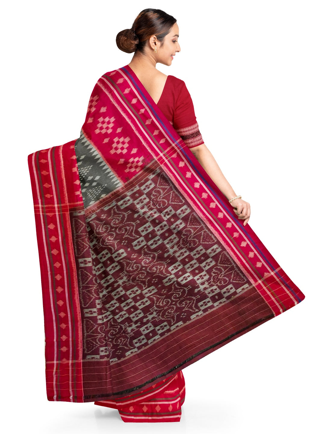Grey with Red cotton Odisha Ikat Saree with matching cotton Ikat blouse piece