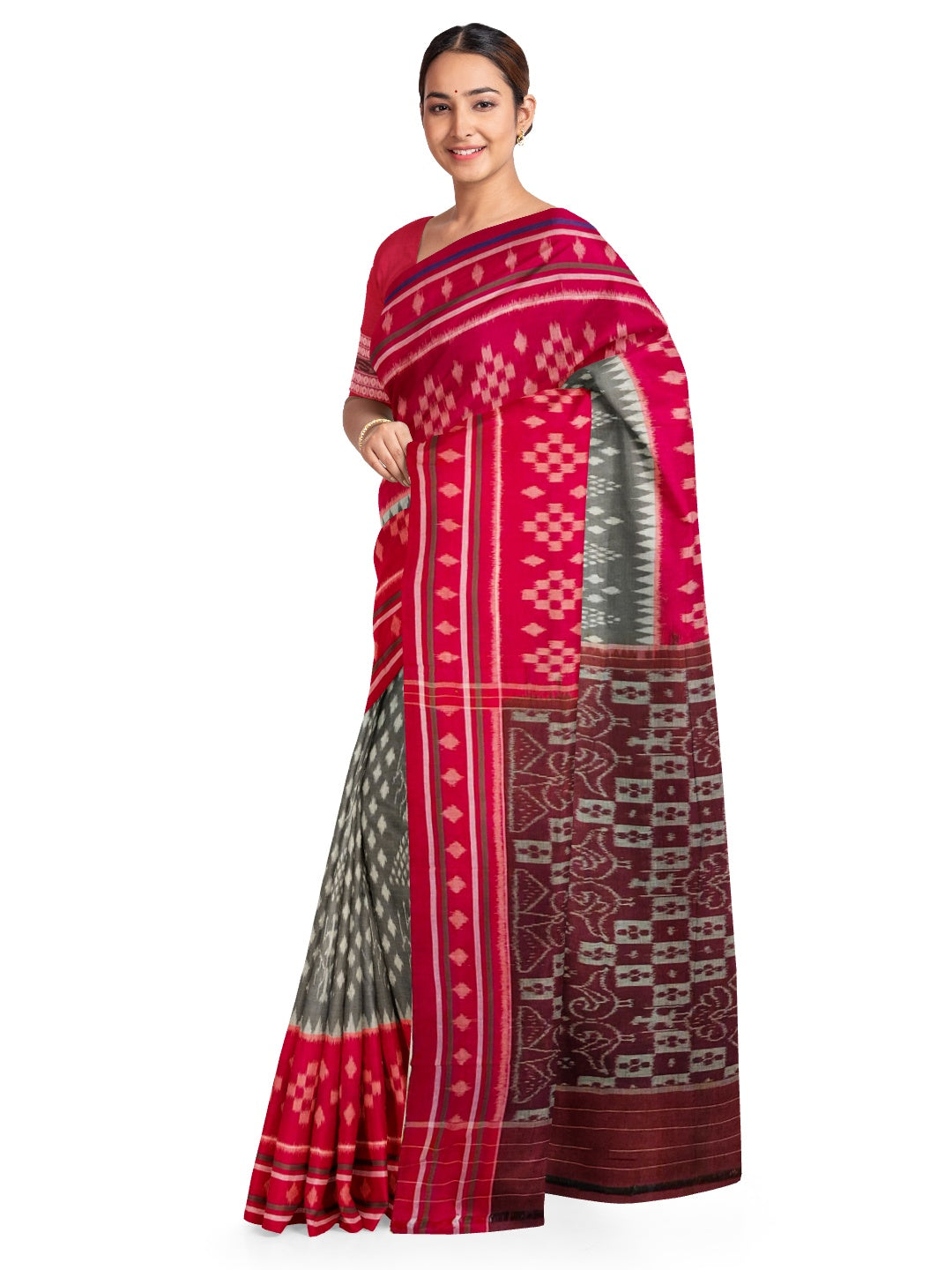 Grey with Red cotton Odisha Ikat Saree with matching cotton Ikat blouse piece