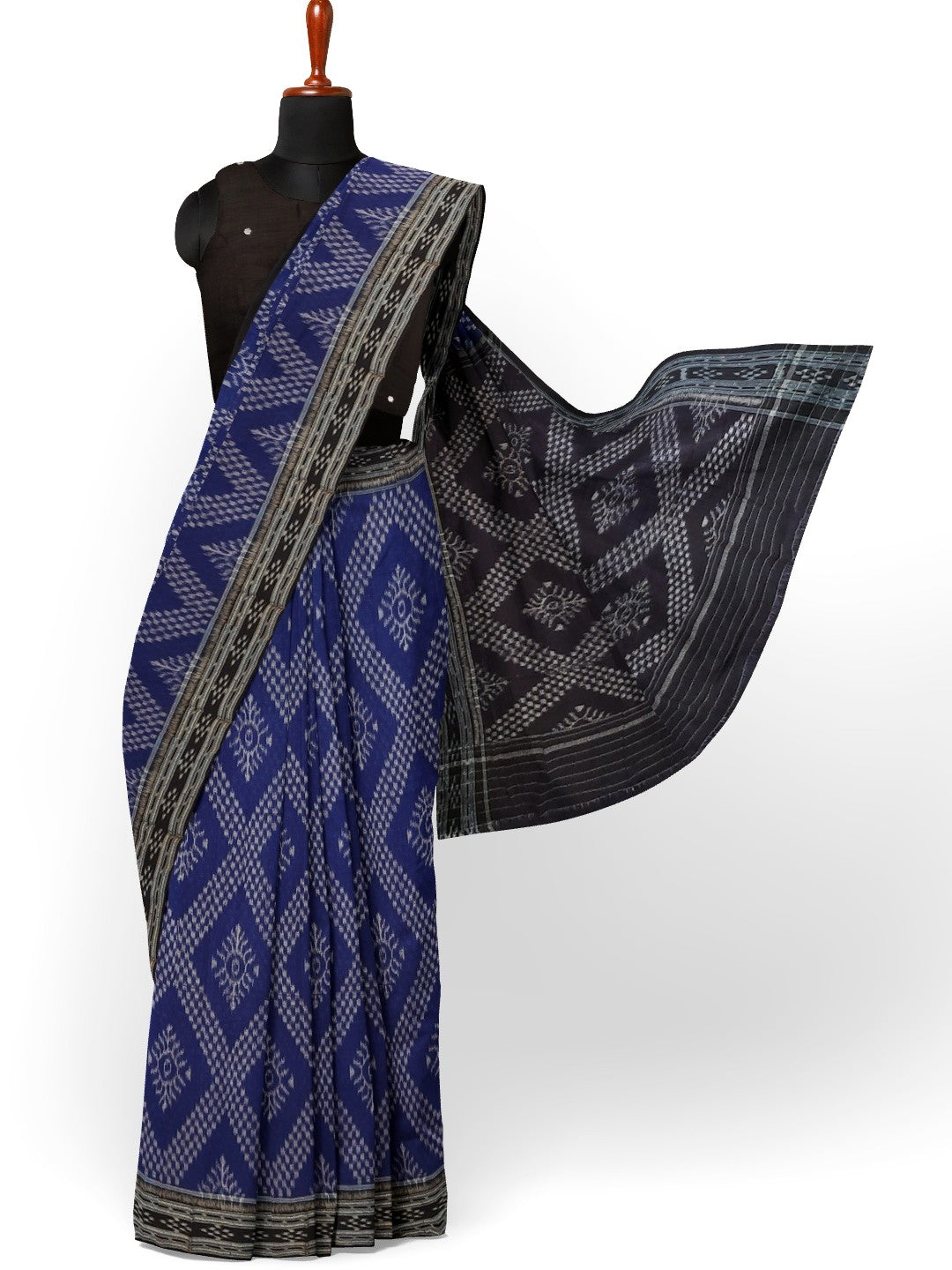Blue cotton Odisha Ikat Saree with mix match cotton Ikat blouse piece