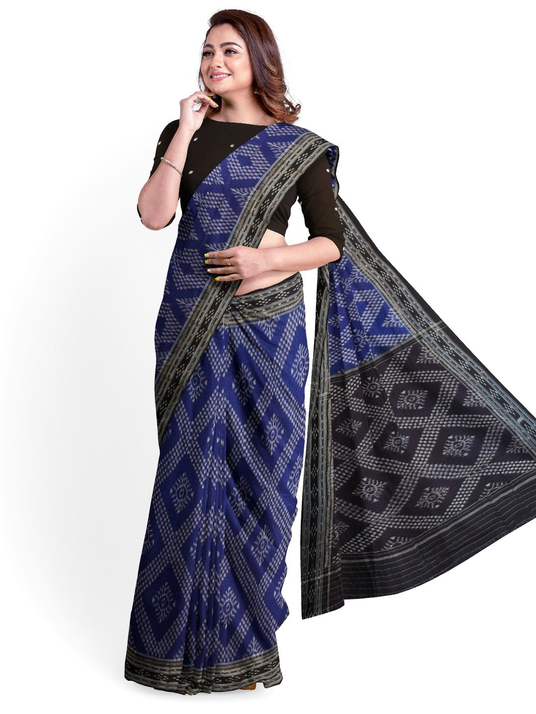 Blue cotton Odisha Ikat Saree with mix match cotton Ikat blouse piece