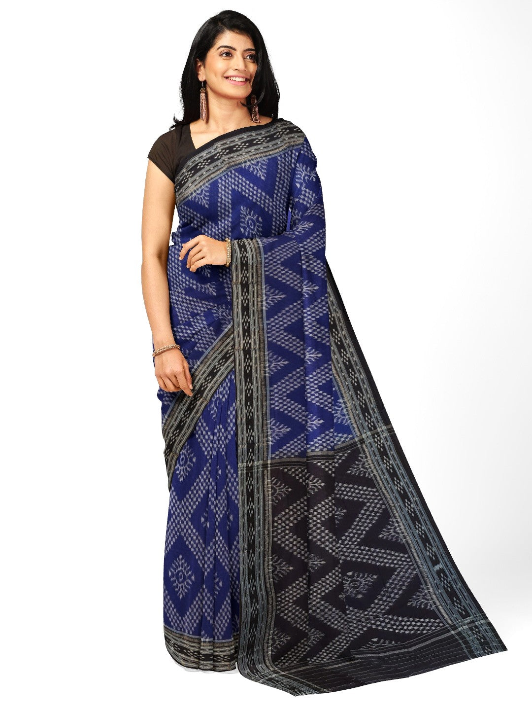 Blue cotton Odisha Ikat Saree with mix match cotton Ikat blouse piece