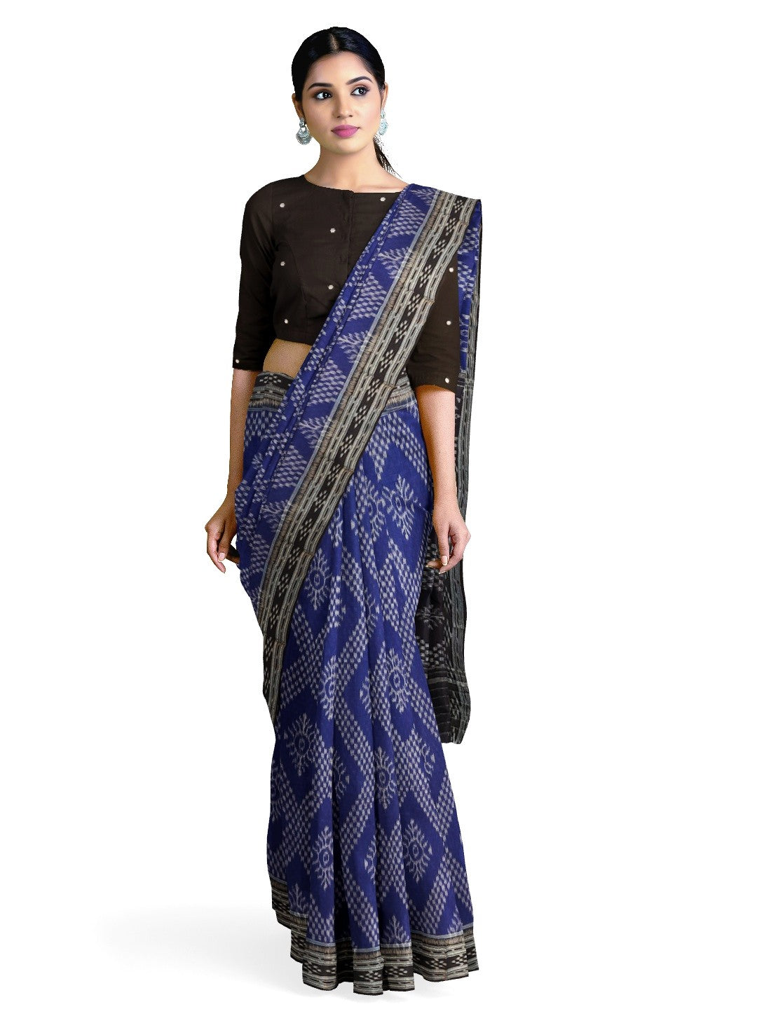Blue cotton Odisha Ikat Saree with mix match cotton Ikat blouse piece