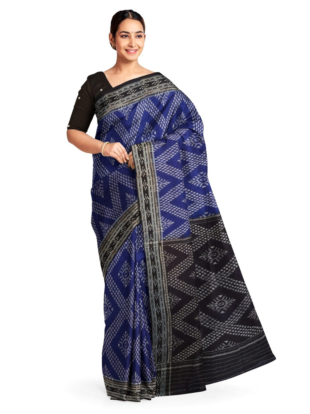 Blue cotton Odisha Ikat Saree with mix match cotton Ikat blouse piece