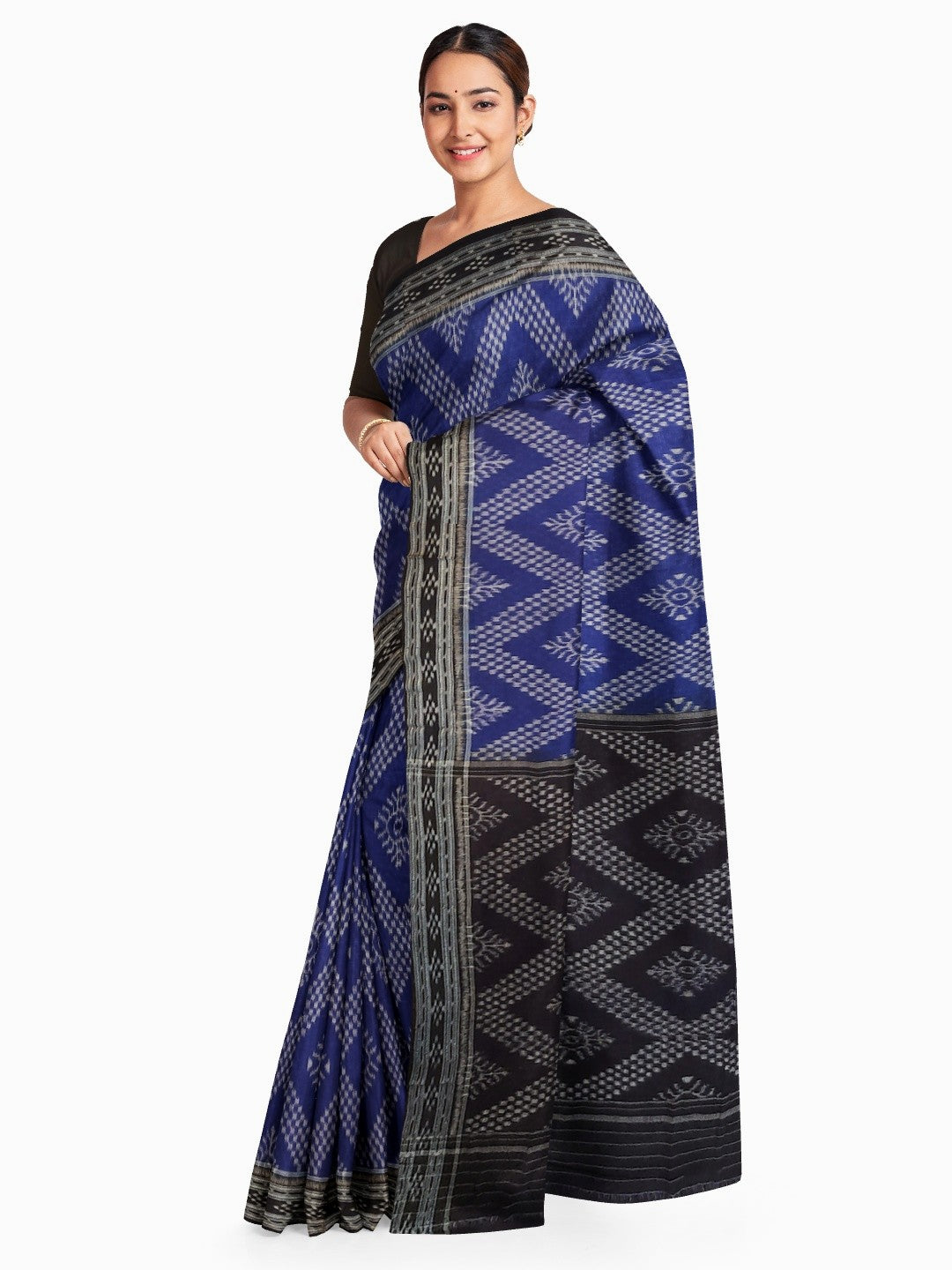 Blue cotton Odisha Ikat Saree with mix match cotton Ikat blouse piece