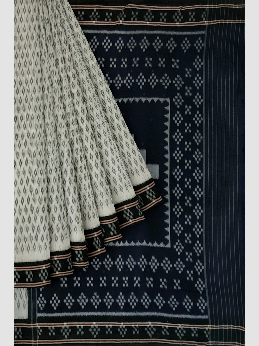 White with Black cotton Odisha Ikat Saree with mix match cotton Ikat blouse piece