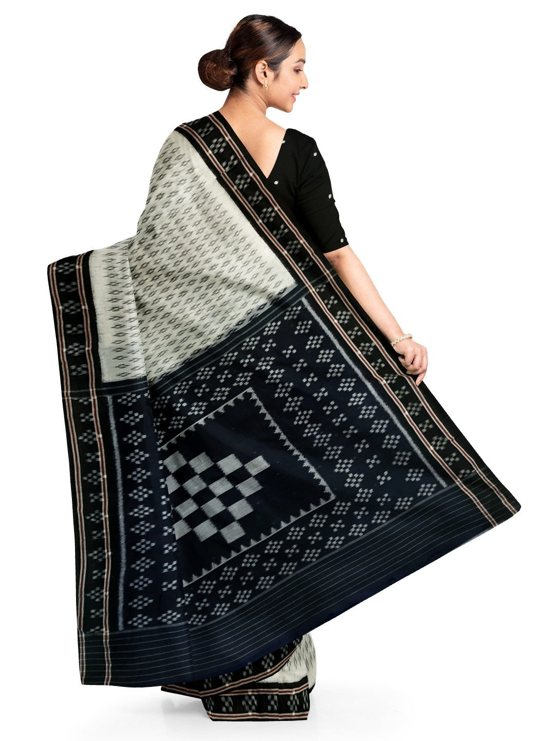White with Black cotton Odisha Ikat Saree with mix match cotton Ikat blouse piece