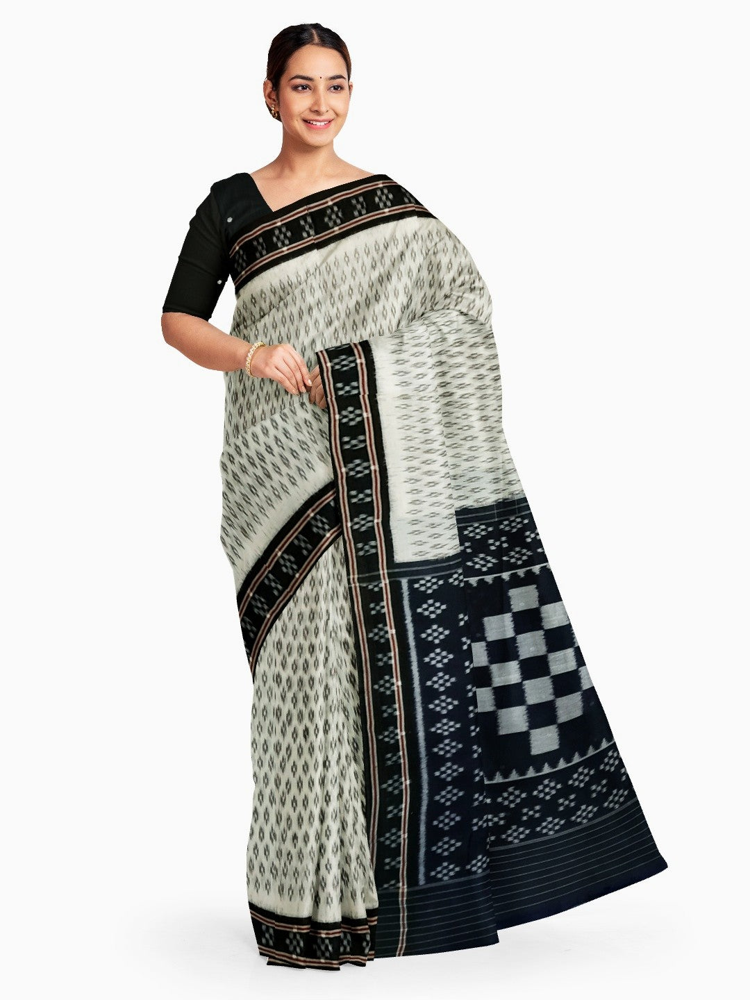 White with Black cotton Odisha Ikat Saree with mix match cotton Ikat blouse piece