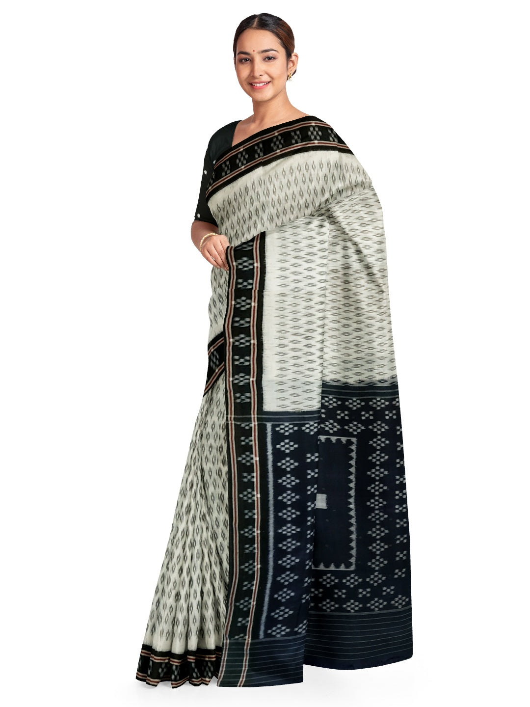 White with Black cotton Odisha Ikat Saree with mix match cotton Ikat blouse piece
