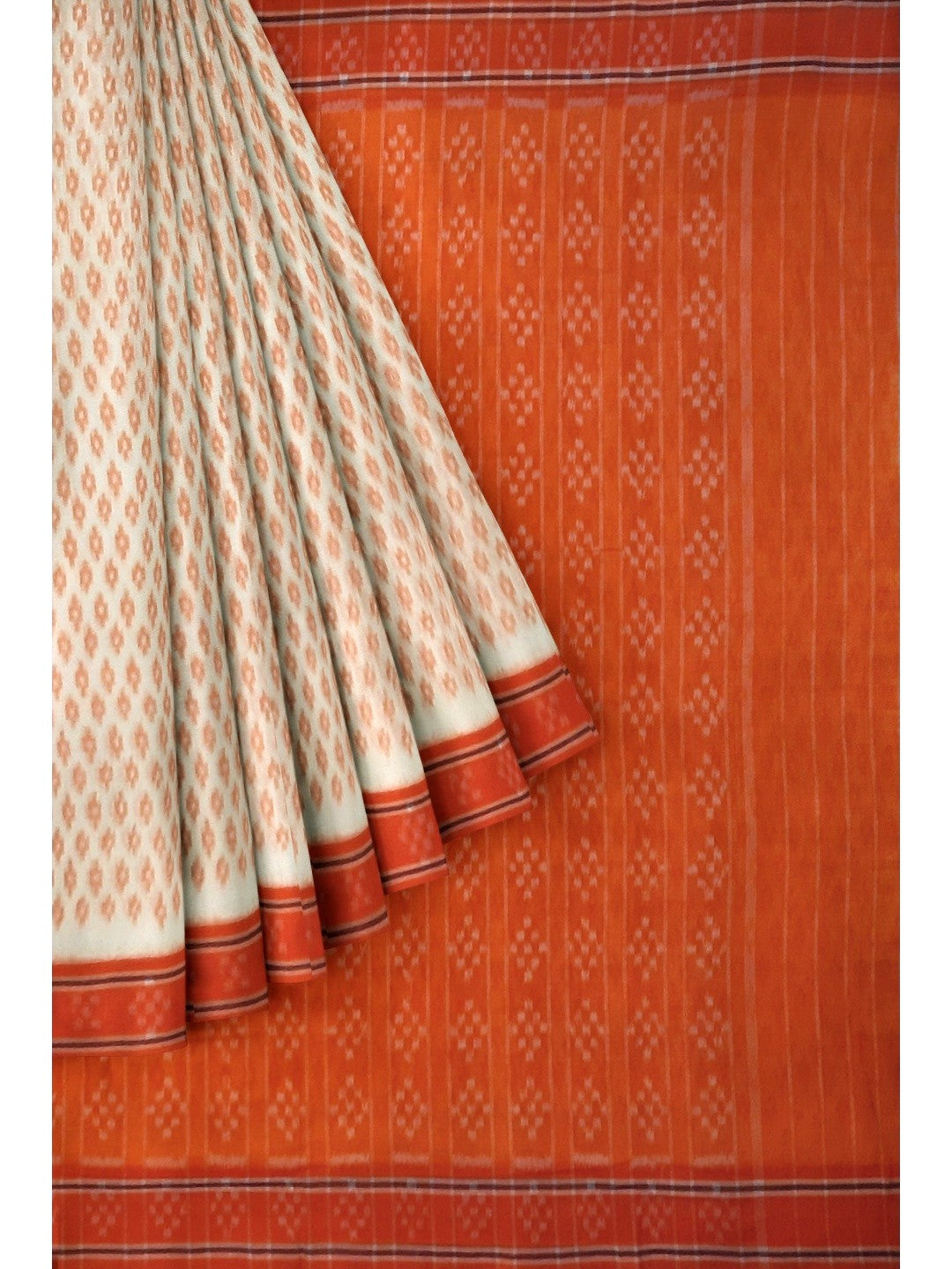 White with Orange cotton Odisha Ikat Saree with mix match cotton Ikat blouse piece