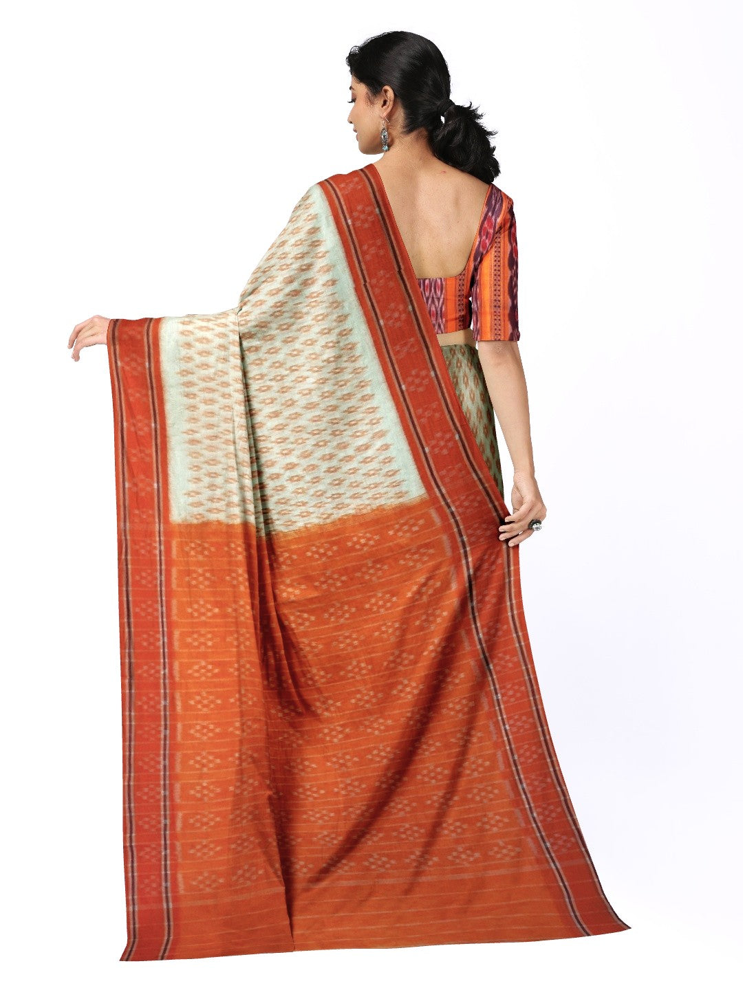 White with Orange cotton Odisha Ikat Saree with mix match cotton Ikat blouse piece