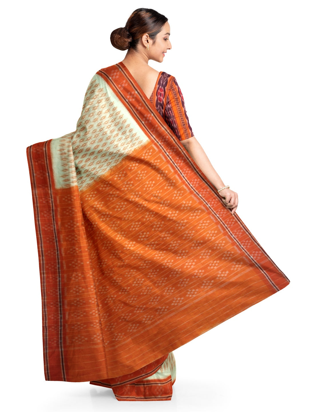 White with Orange cotton Odisha Ikat Saree with mix match cotton Ikat blouse piece