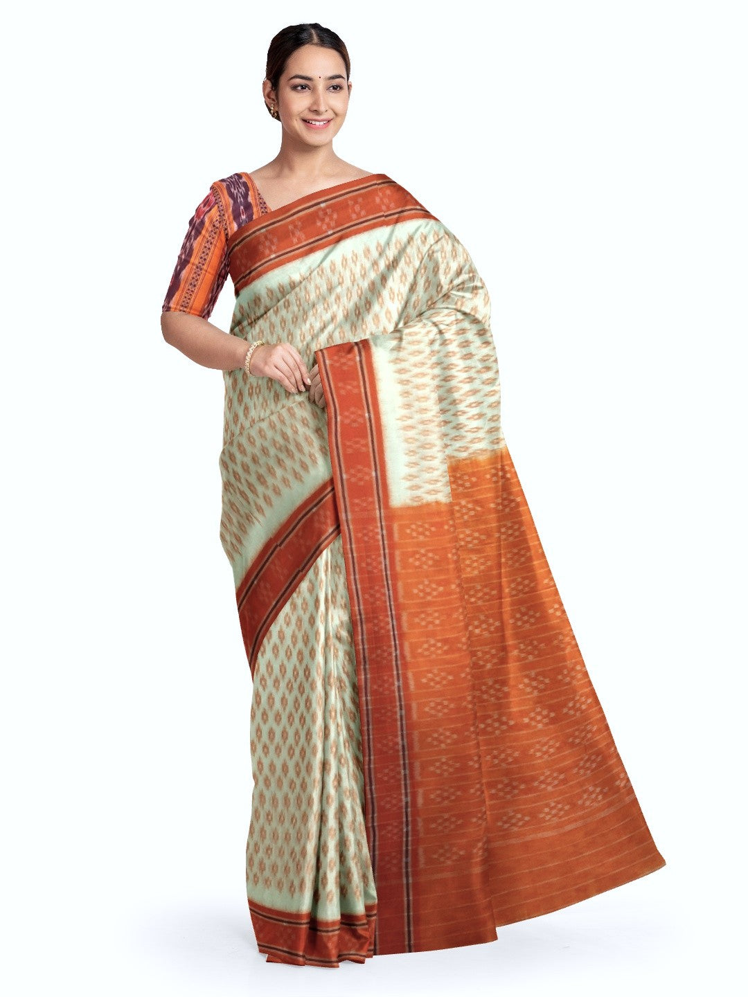 White with Orange cotton Odisha Ikat Saree with mix match cotton Ikat blouse piece