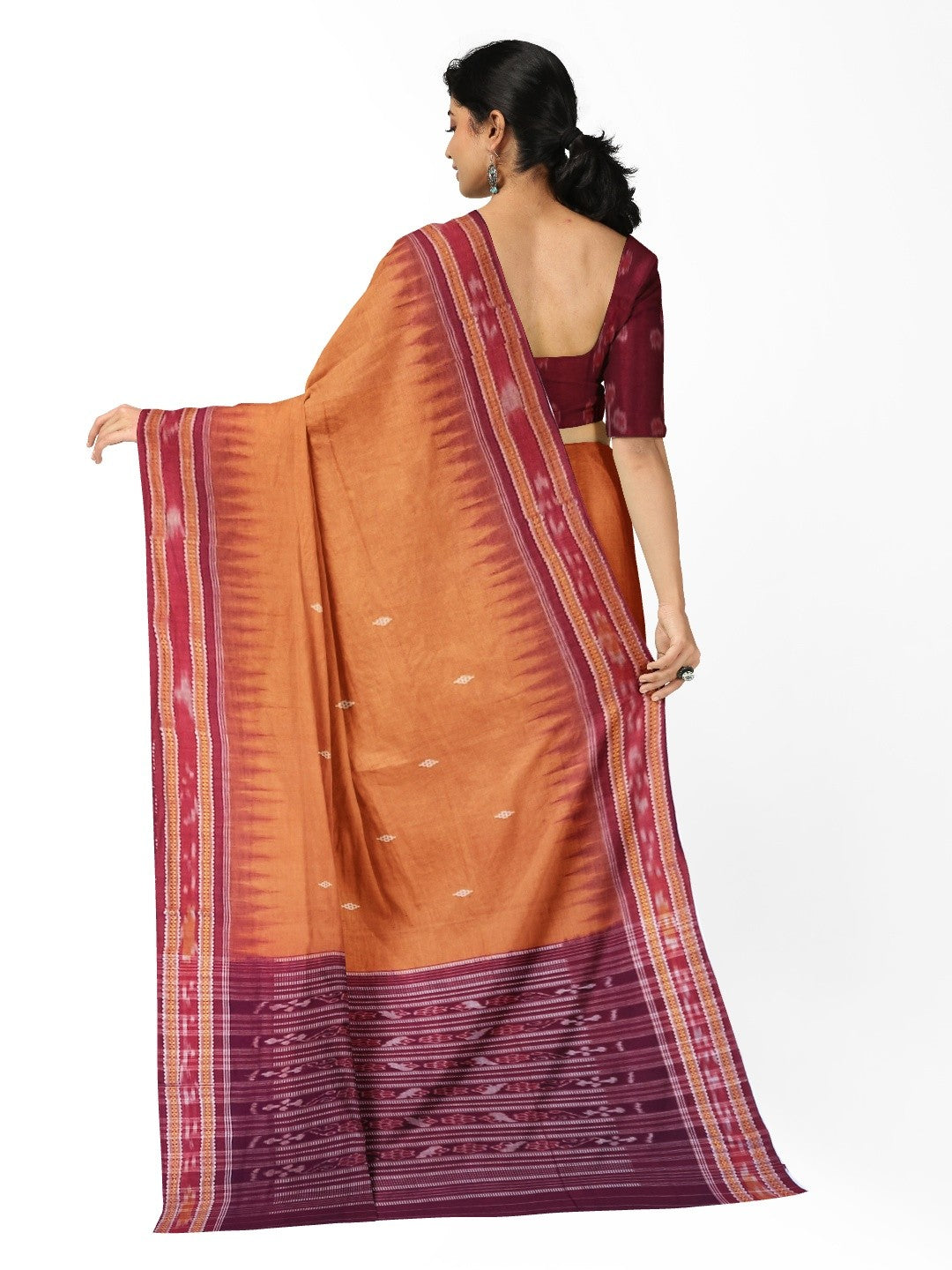 Peach with Maroon Cotton Odisha Ikat saree with mix match blouse piece