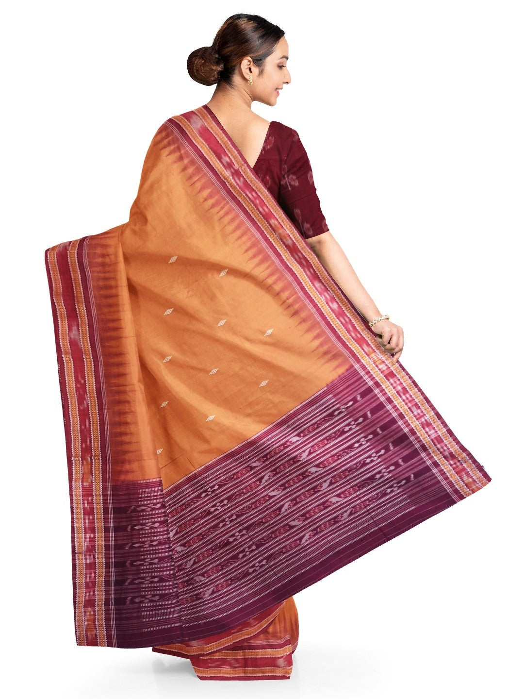 Peach with Maroon Cotton Odisha Ikat saree with mix match blouse piece