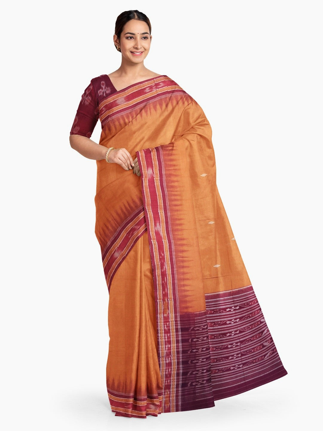Peach with Maroon Cotton Odisha Ikat saree with mix match blouse piece