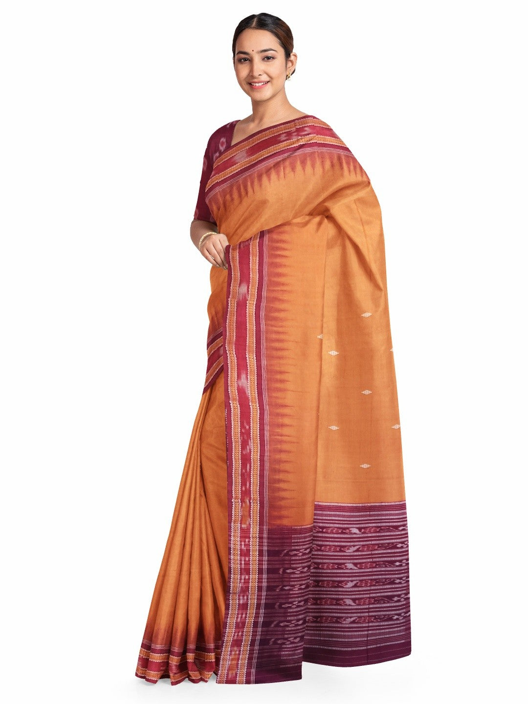 Peach with Maroon Cotton Odisha Ikat saree with mix match blouse piece