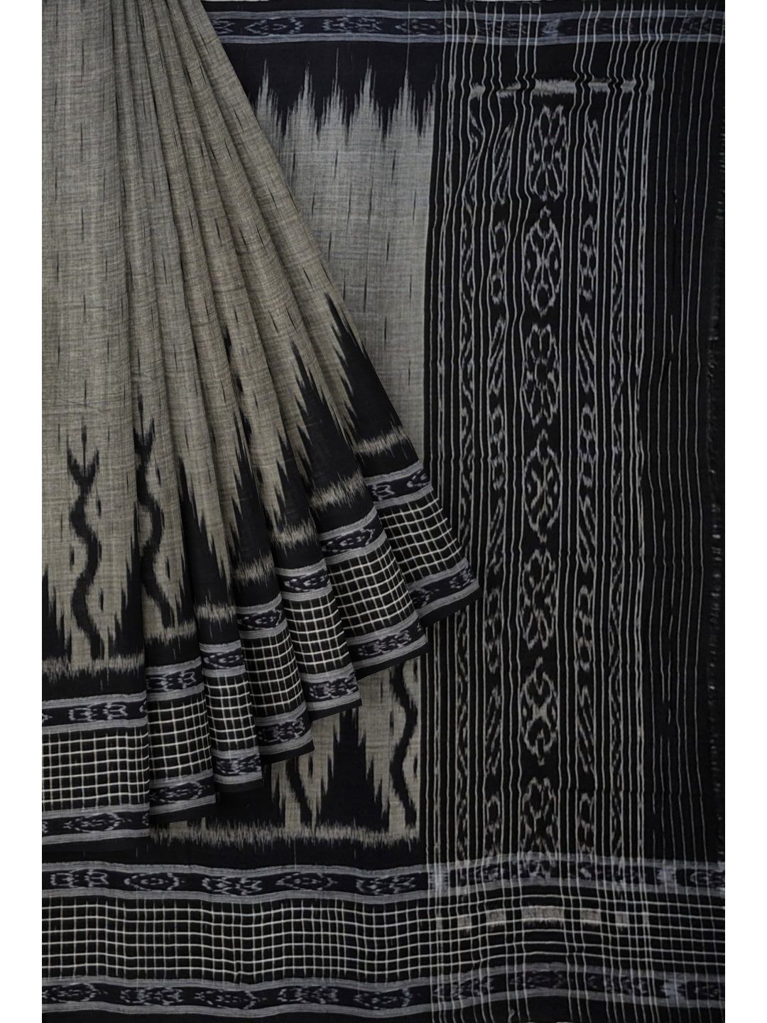 DarkGrey with Black wide border Cotton Odisha Ikat saree with mix match cotton ikat blouse