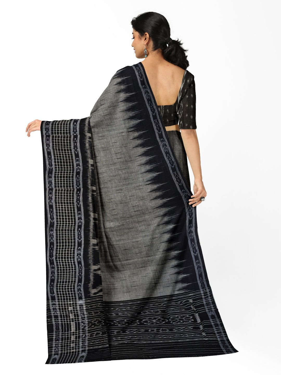 DarkGrey with Black wide border Cotton Odisha Ikat saree with mix match cotton ikat blouse