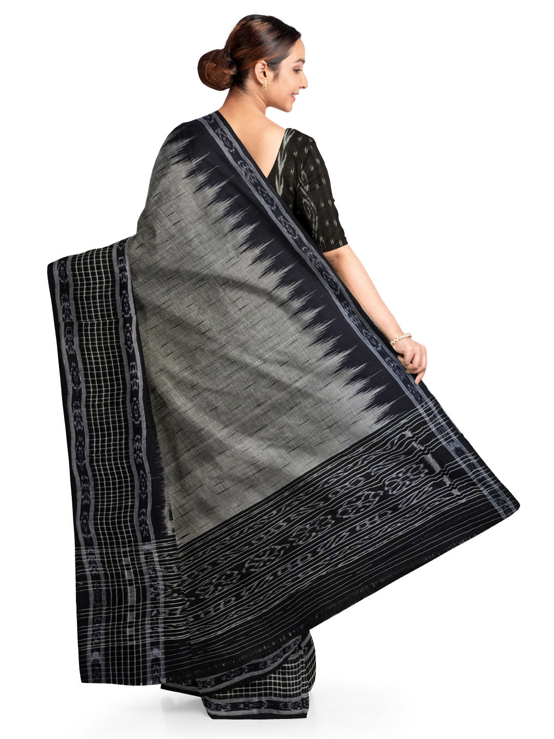 DarkGrey with Black wide border Cotton Odisha Ikat saree with mix match cotton ikat blouse