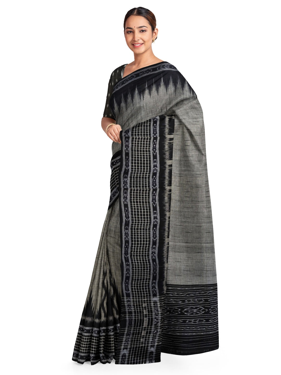 DarkGrey with Black wide border Cotton Odisha Ikat saree with mix match cotton ikat blouse
