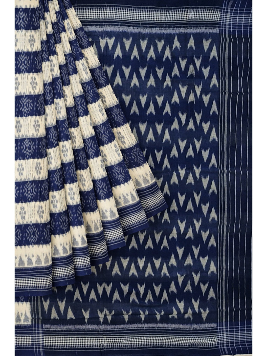 White with Blue Cotton Odisha Ikat saree with cotton ikat blouse piece