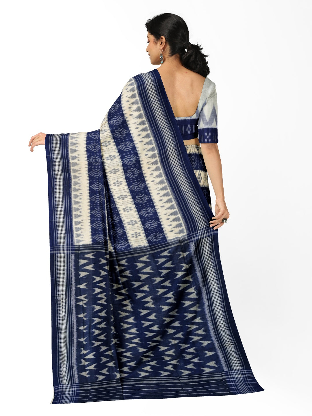 White with Blue Cotton Odisha Ikat saree with cotton ikat blouse piece