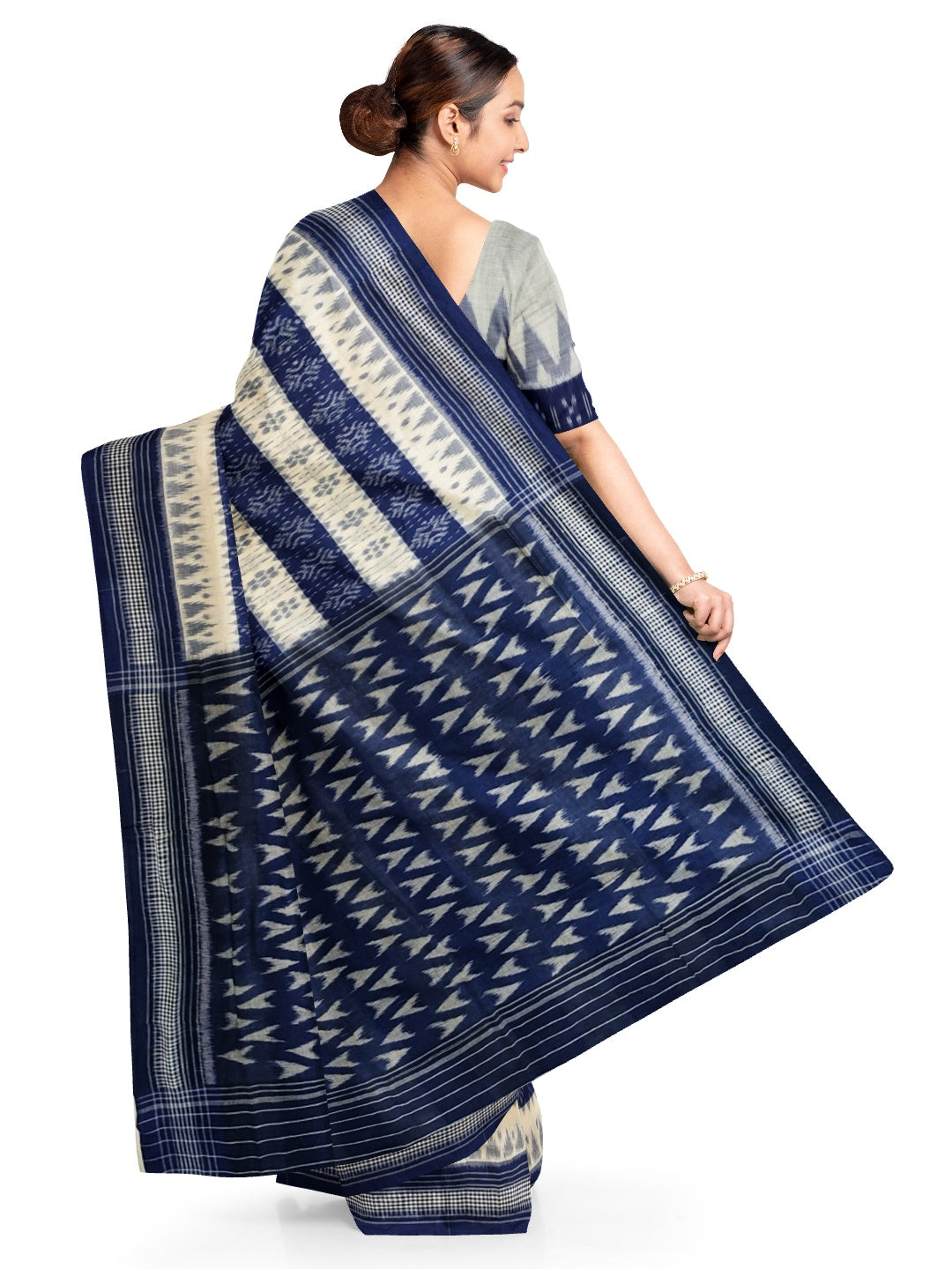 White with Blue Cotton Odisha Ikat saree with cotton ikat blouse piece