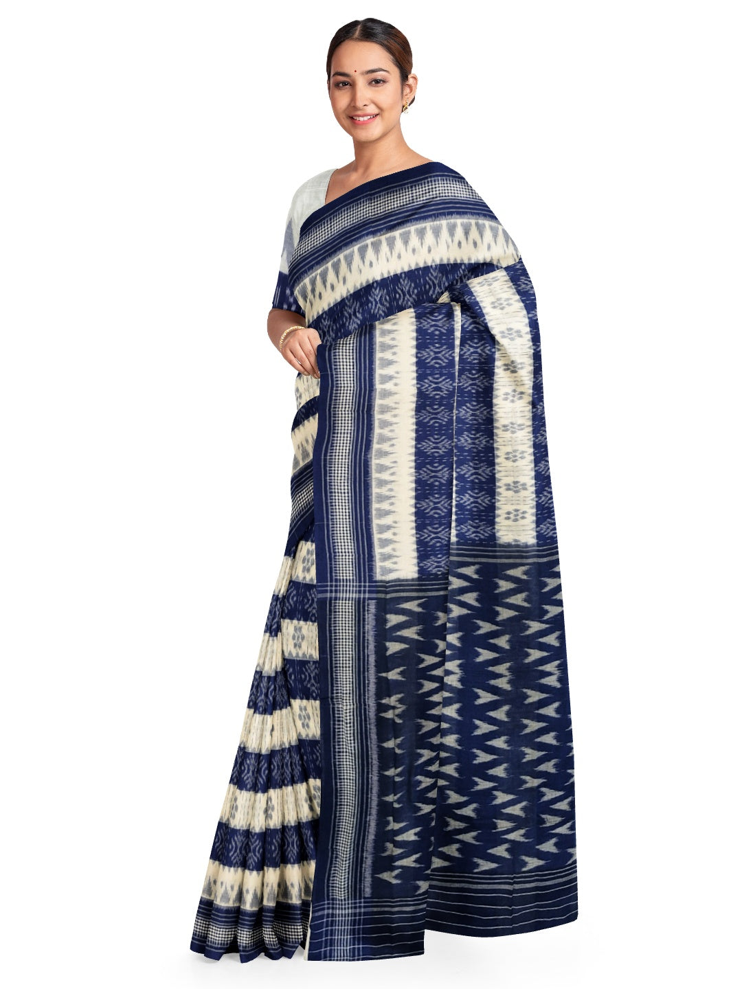 White with Blue Cotton Odisha Ikat saree with cotton ikat blouse piece
