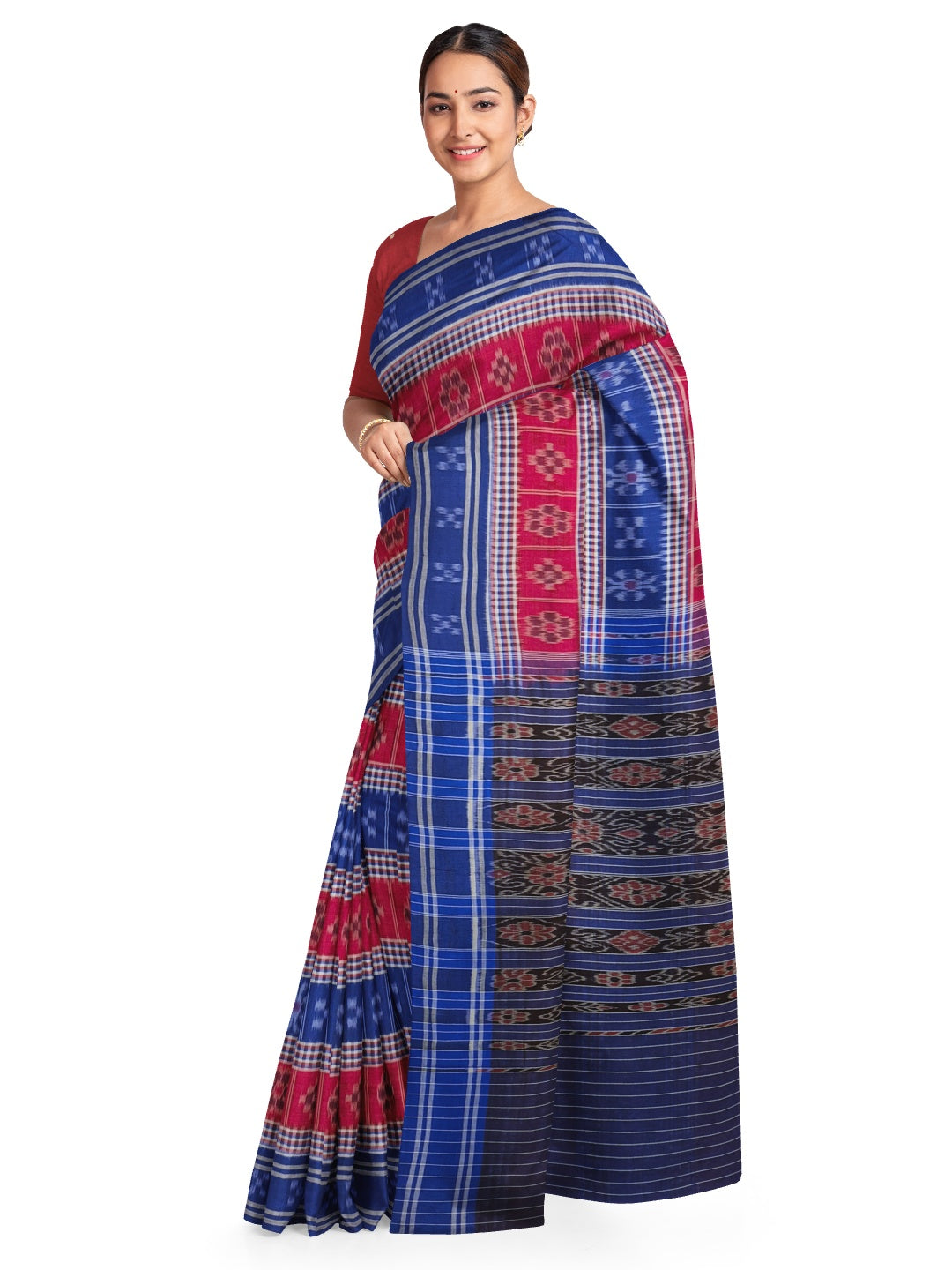 Blue Cotton Odisha Ikat saree with mix match cotton ikat blouse piece
