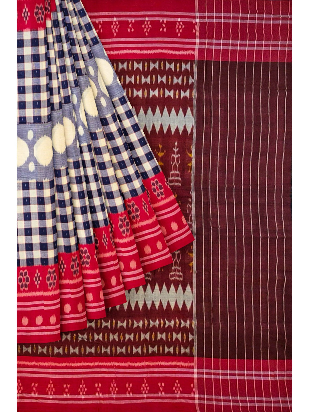 Blue with Red Cotton Odisha Ikat saree with cotton ikat blouse piece