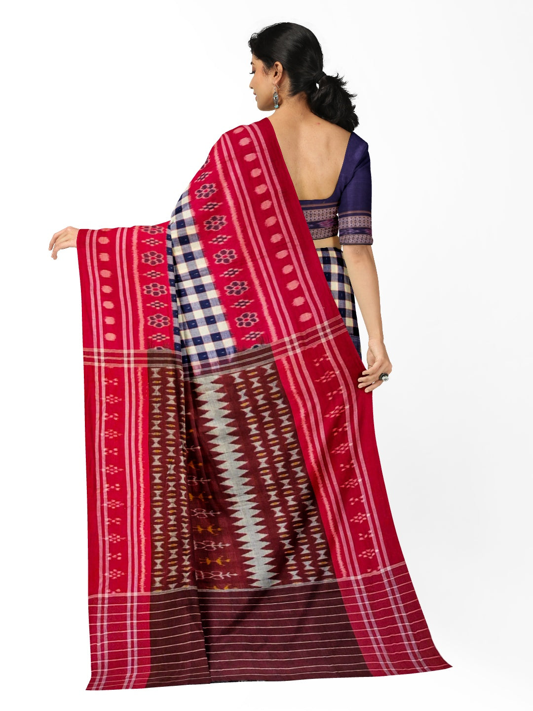 Blue with Red Cotton Odisha Ikat saree with cotton ikat blouse piece