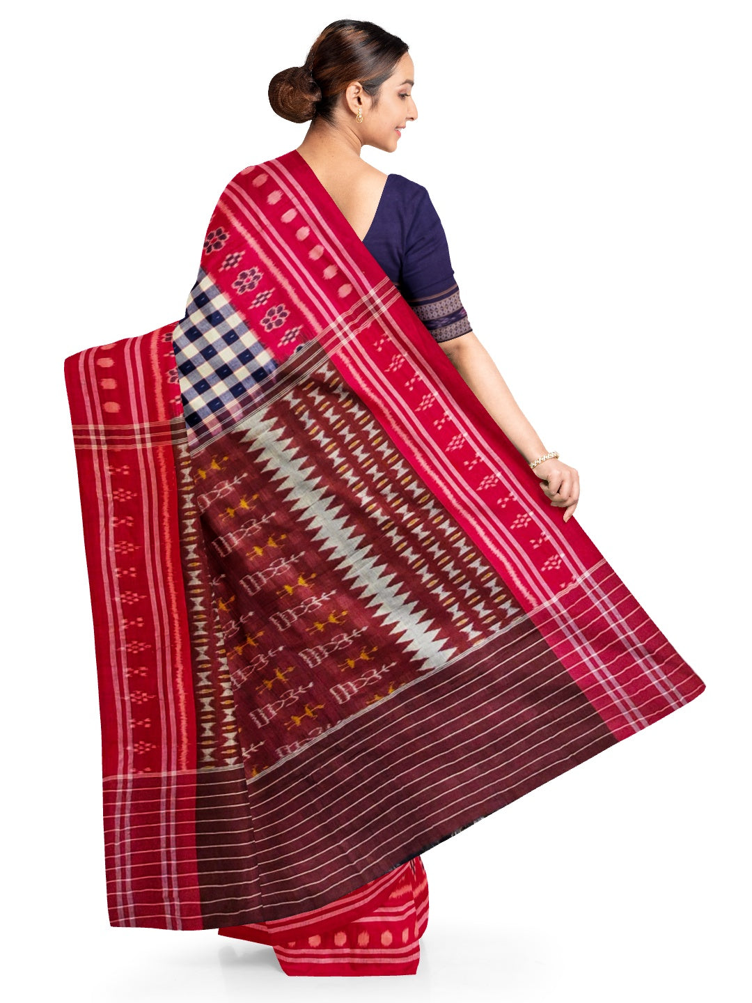 Blue with Red Cotton Odisha Ikat saree with cotton ikat blouse piece