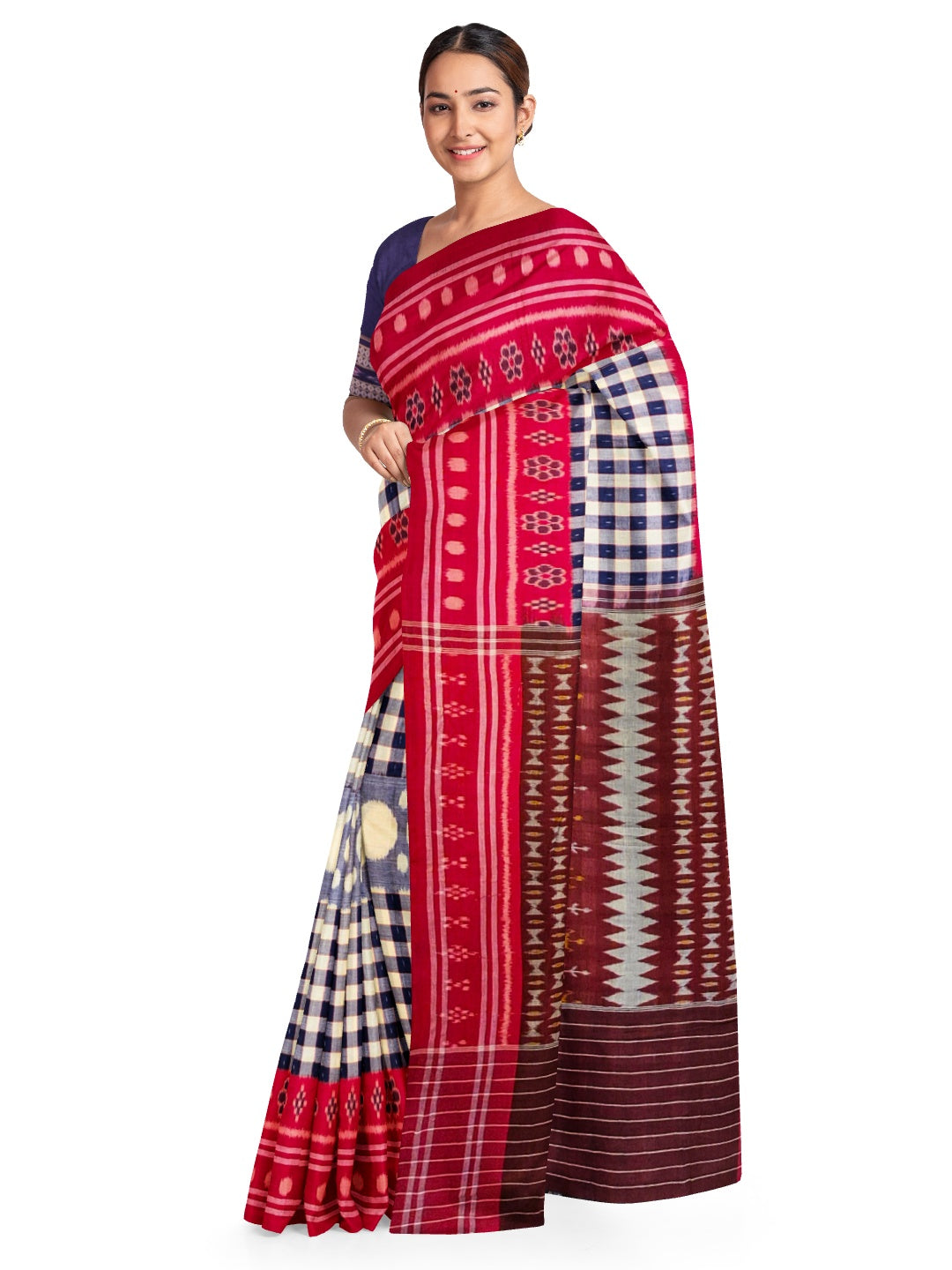 Blue with Red Cotton Odisha Ikat saree with cotton ikat blouse piece